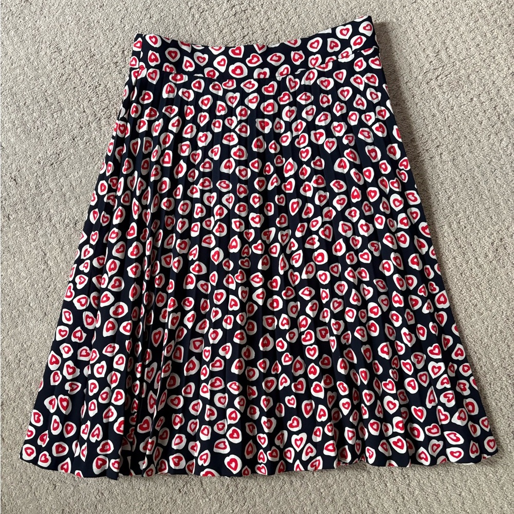 J. Crew Navy Pleated Midi Skirt with Red & White Heart Print